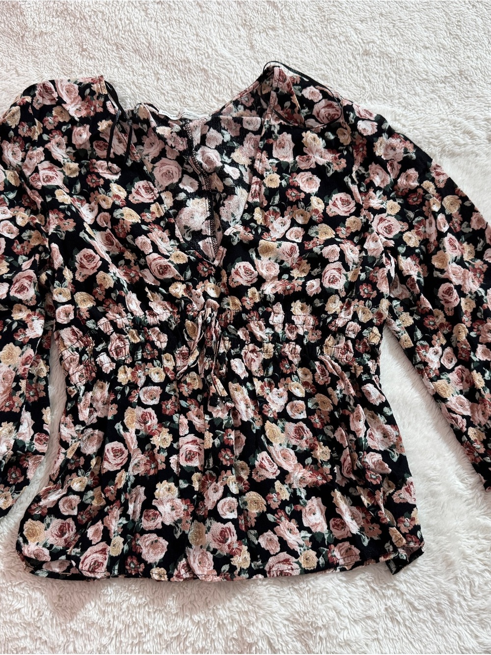 Women's Floral Peplum Blouse - Black with Pink Roses